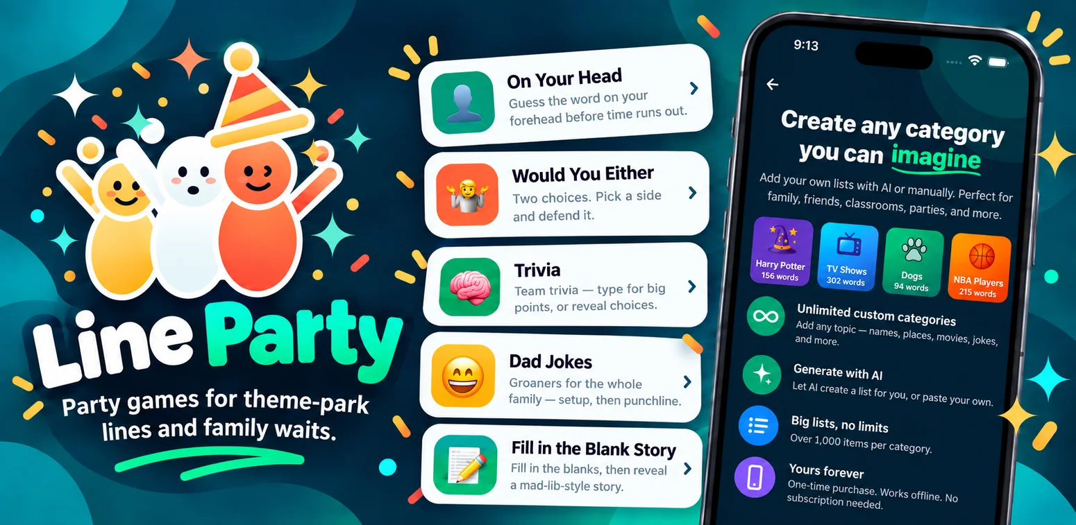Line Party promotional artwork with playful characters, games, and a custom category creation preview