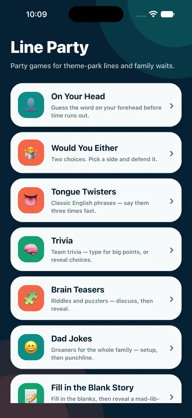 Line Party game menu featuring On Your Head, Would You Either, Trivia, and more